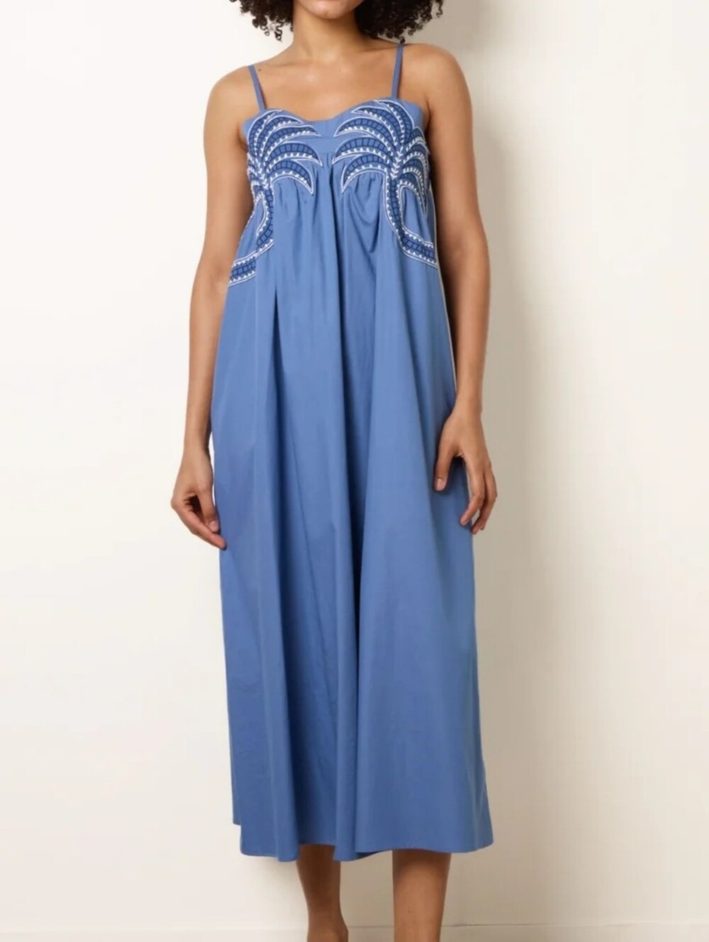 Blue Embroidered Spaghetti-Strap Midi Dress